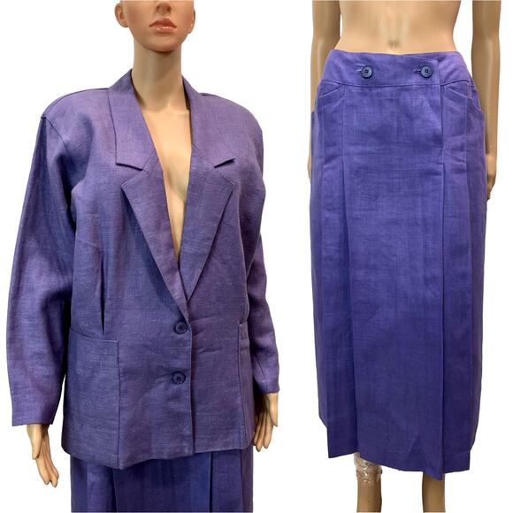 80s Purple Linen Skirt Suit | Neiman Marcus Oversized Blazer Tailored Skirt | S - Picture 2 of 14